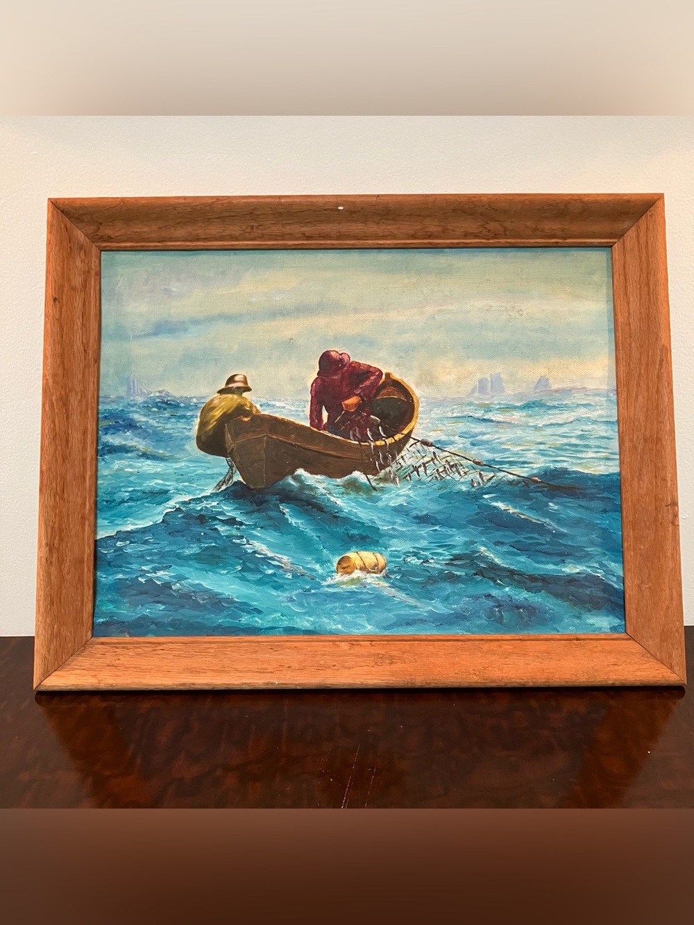 VTG Oil Painting Framed Fishing Seascape MCM 14x18 Moody Boat Costal Ocean